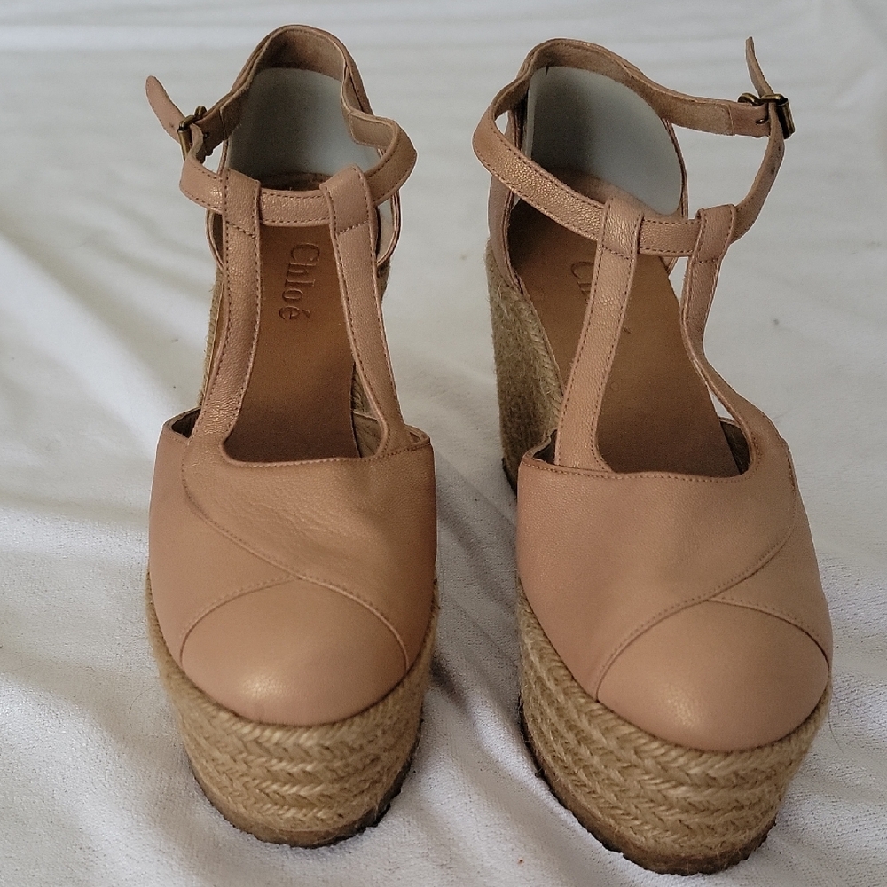 Chloe Tan Leather Wedge Sandals
